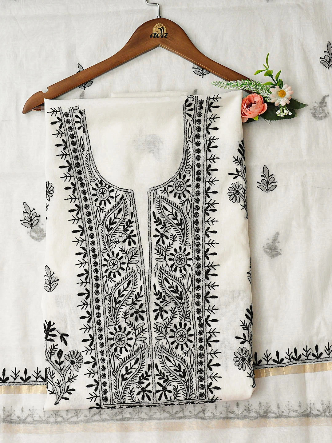 Ada Hand Embroidered White Chanderi Lucknowi Chikankari Unstitched Kurta Dupatta Set 01A936386