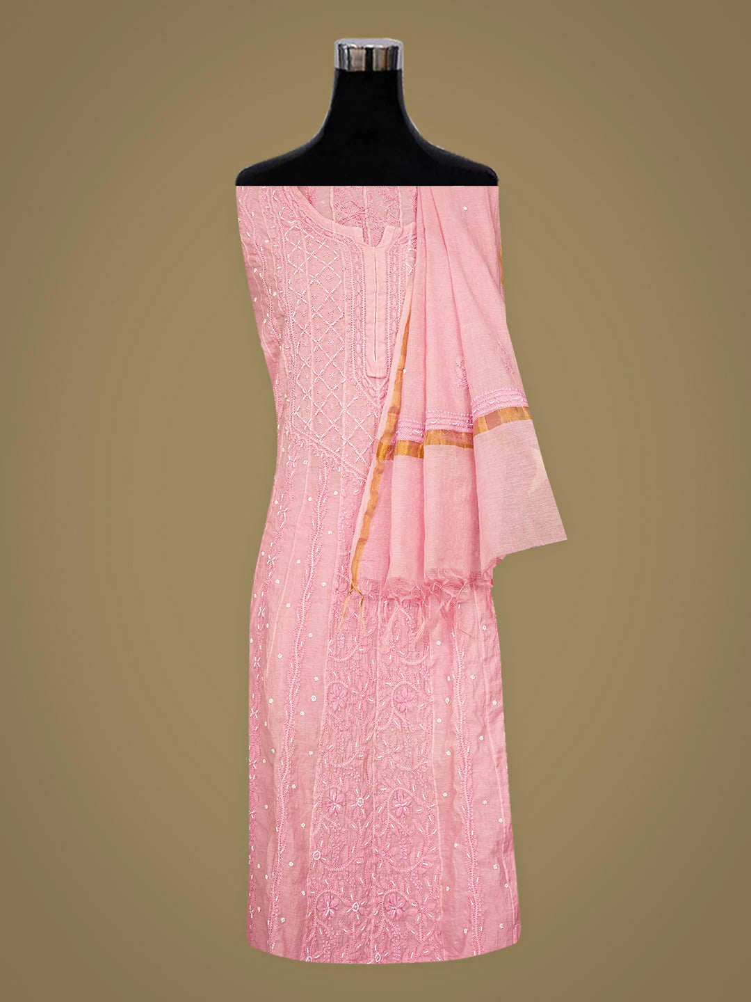 Ada Hand Embroidered Pink Chanderi Lucknowi Chikankari Semi-Stitched Anarkali Kurta Dupatta Set With Pearl Work 01A890294
