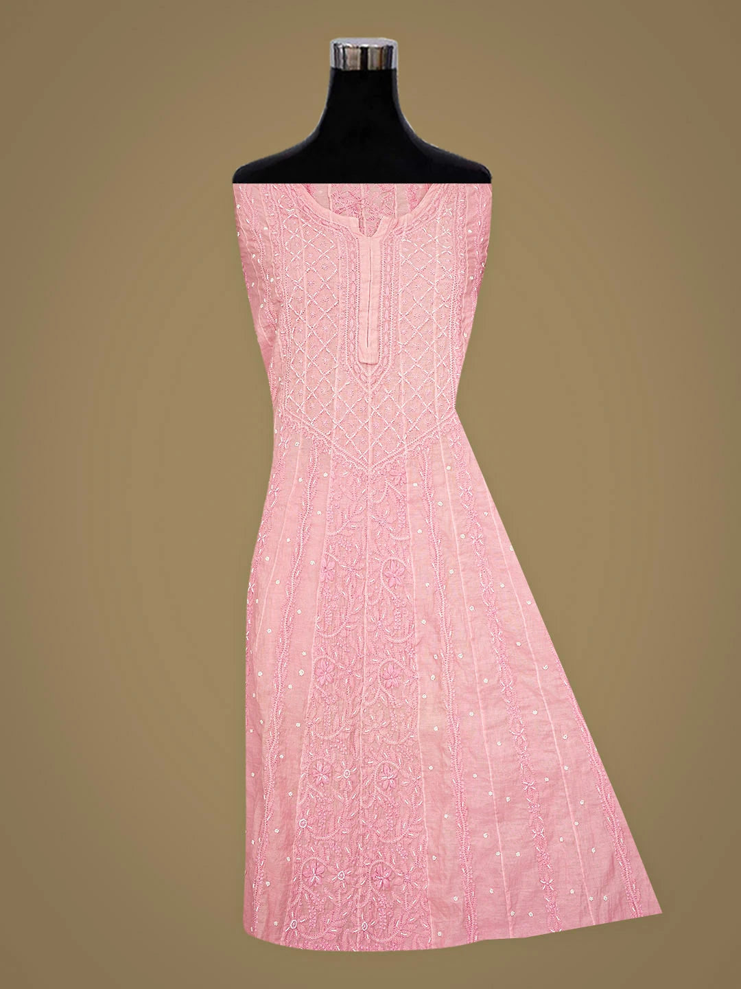 Ada Hand Embroidered Pink Chanderi Lucknowi Chikankari Semi-Stitched Anarkali Kurta Dupatta Set With Pearl Work 01A890294