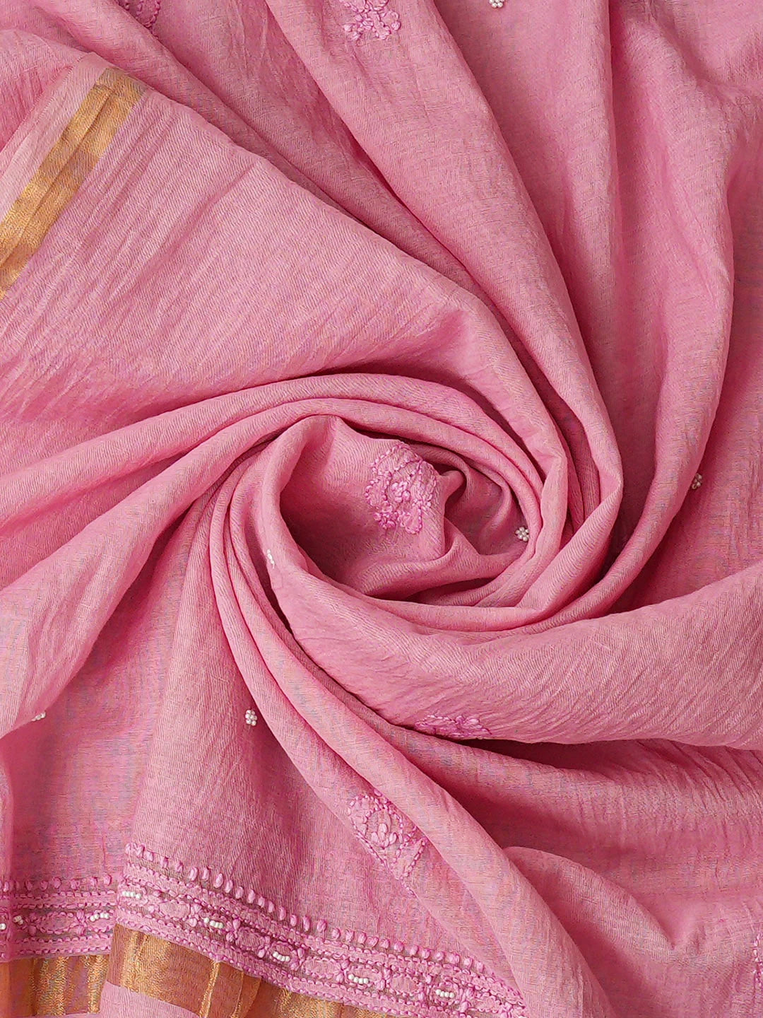 Ada Hand Embroidered Pink Chanderi Lucknowi Chikankari Semi-Stitched Anarkali Kurta Dupatta Set With Pearl Work 01A890294