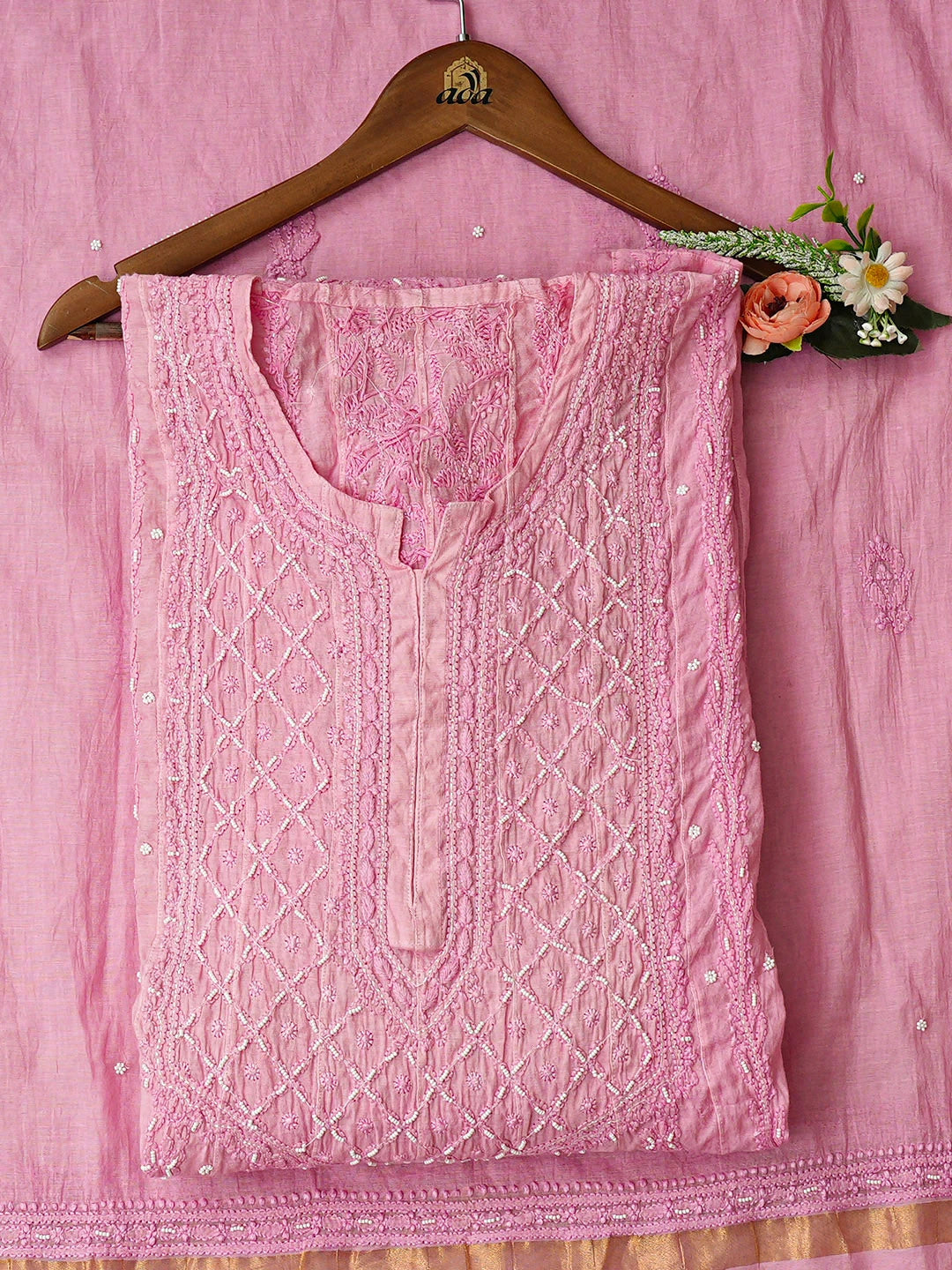 Ada Hand Embroidered Pink Chanderi Lucknowi Chikankari Semi-Stitched Anarkali Kurta Dupatta Set With Pearl Work 01A890294