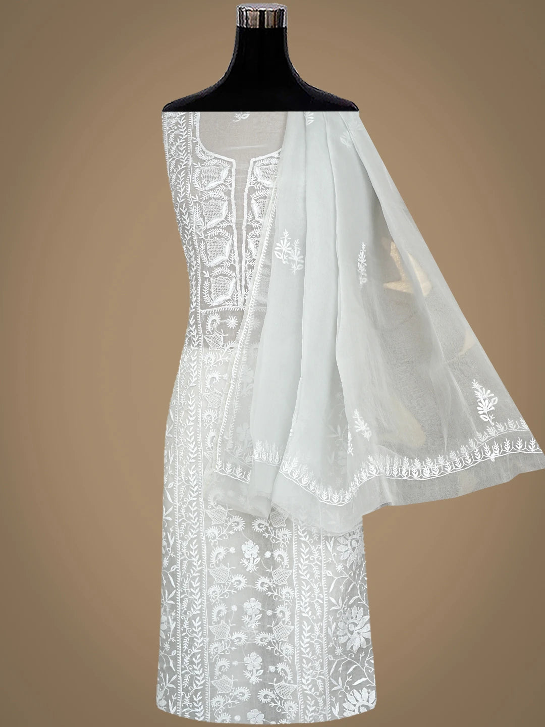 Ada Hand Embroidered Light Grey Organza Lucknowi Chikankari Unstitched Kurta Dupatta Set 01A936285
