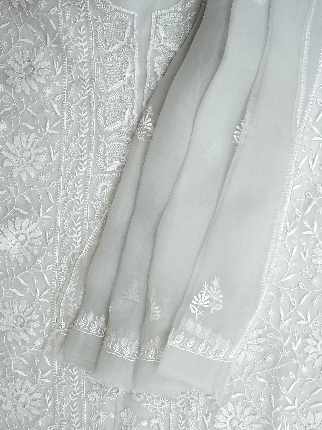 Ada Hand Embroidered Light Grey Organza Lucknowi Chikankari Unstitched Kurta Dupatta Set 01A936285
