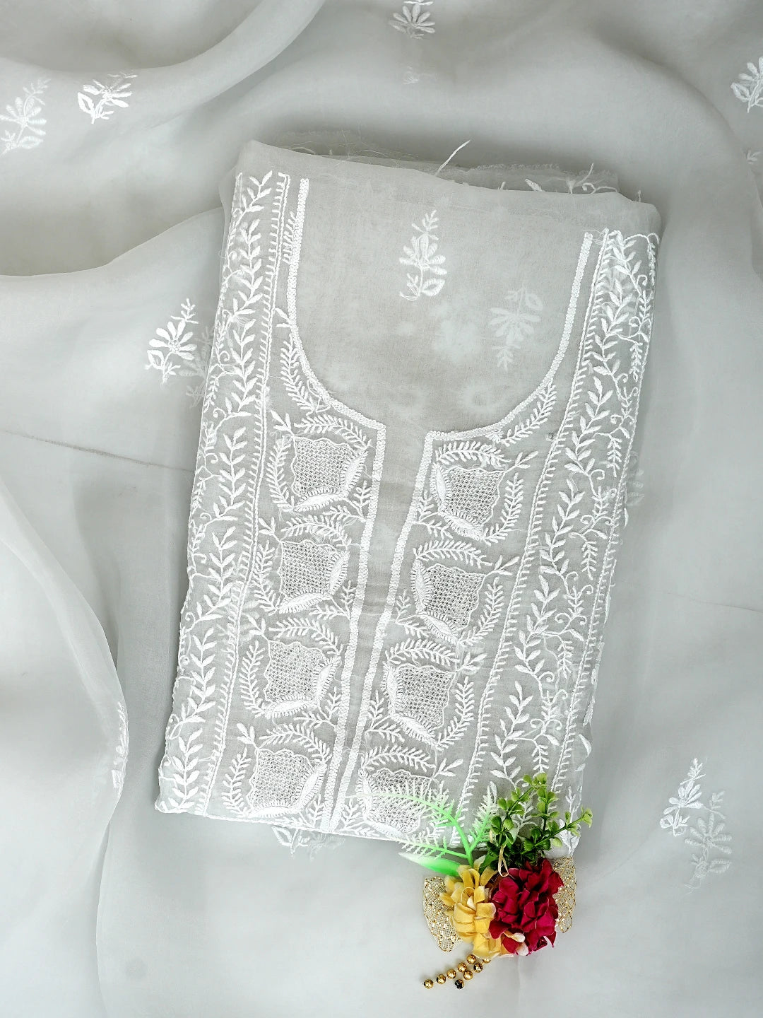 Ada Hand Embroidered Light Grey Organza Lucknowi Chikankari Unstitched Kurta Dupatta Set 01A936285