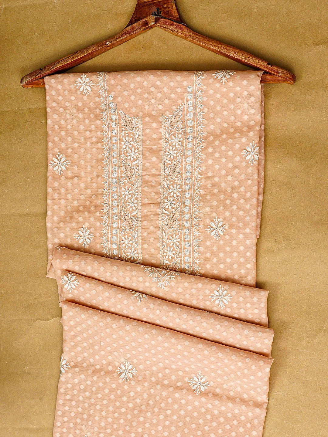 Ada Hand Embroidered Peach Chanderi Lucknowi Chikankari Unstitched Men's Kurta 01A879130