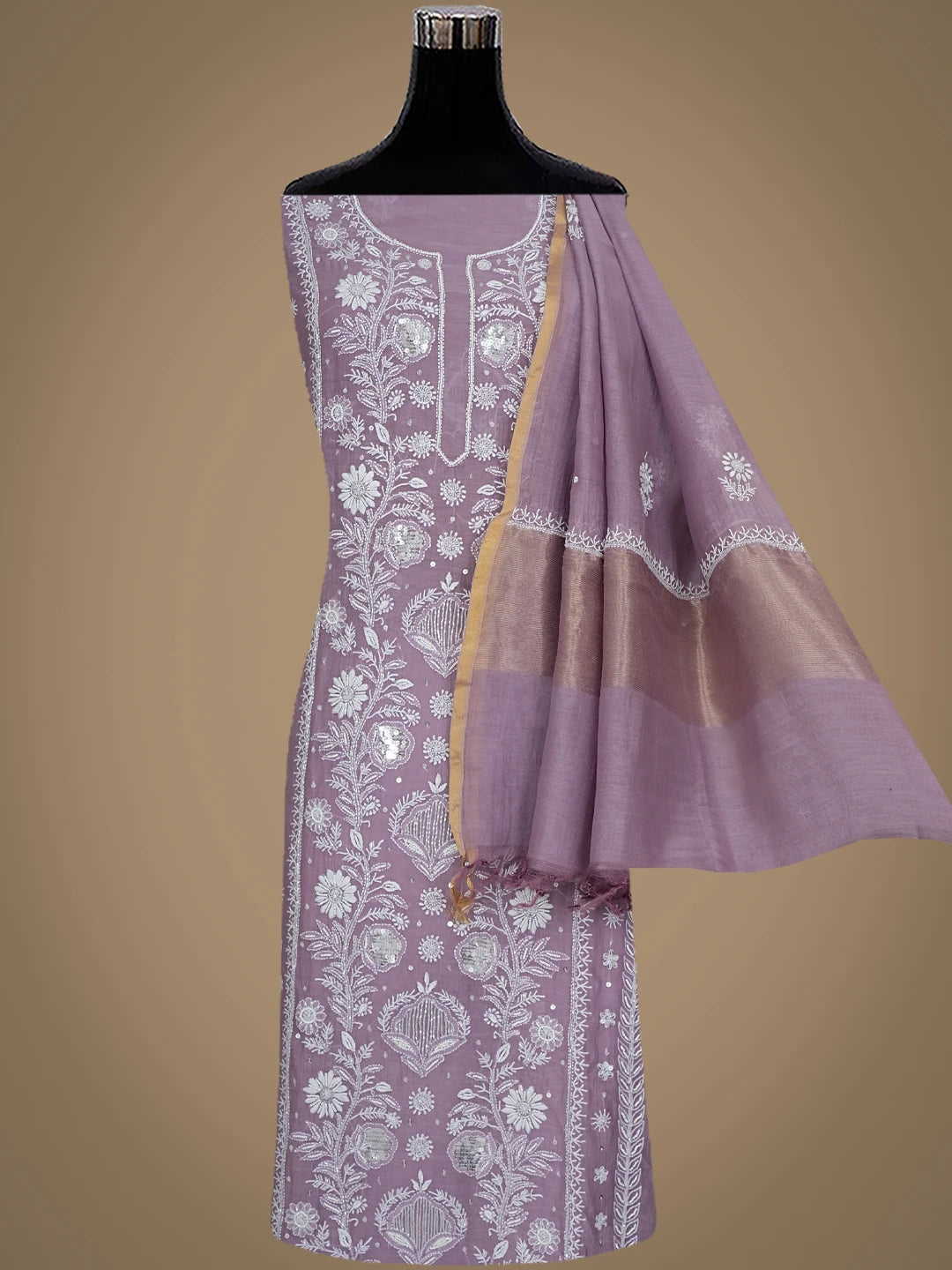 Ada Hand Embroidered Lavender Chanderi Lucknowi Chikankari Semi Stitched Kurta Dupatta Set With Pearl Work 01A935036