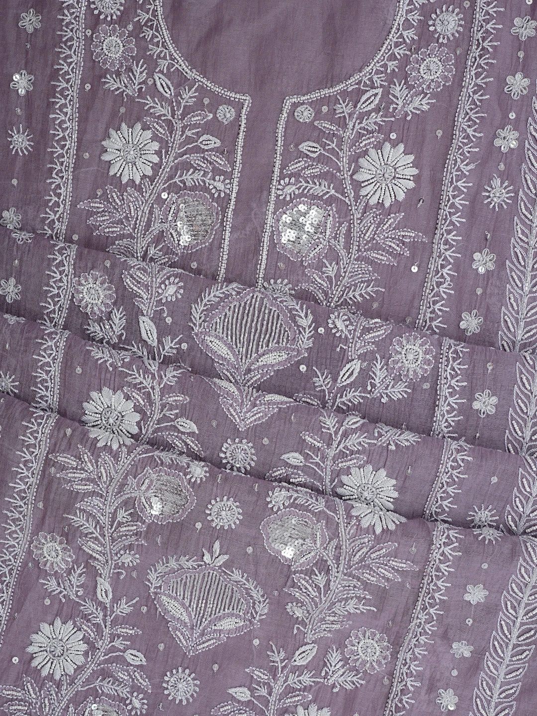 Ada Hand Embroidered Lavender Chanderi Lucknowi Chikankari Semi Stitched Kurta Dupatta Set With Pearl Work 01A935036