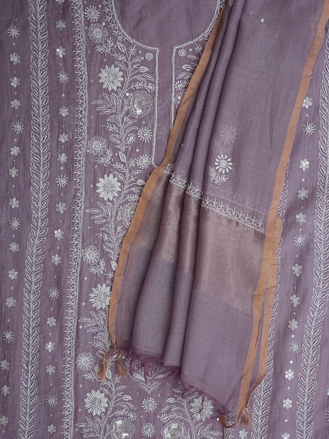 Ada Hand Embroidered Lavender Chanderi Lucknowi Chikankari Semi Stitched Kurta Dupatta Set With Pearl Work 01A935036
