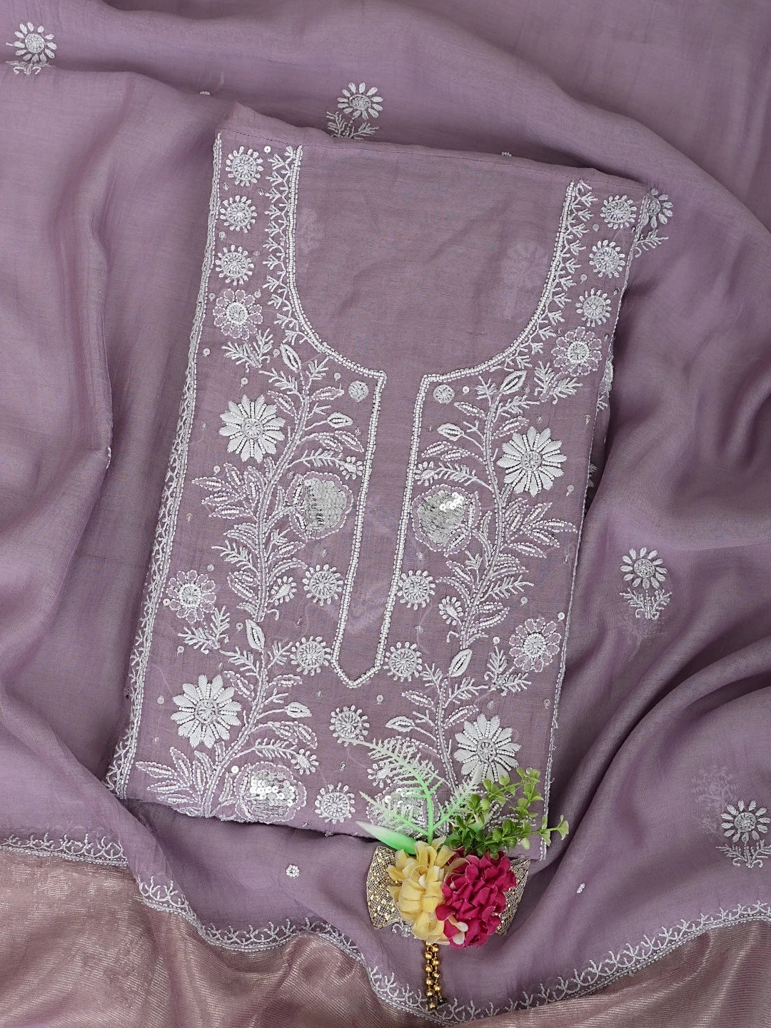 Ada Hand Embroidered Lavender Chanderi Lucknowi Chikankari Semi Stitched Kurta Dupatta Set With Pearl Work 01A935036