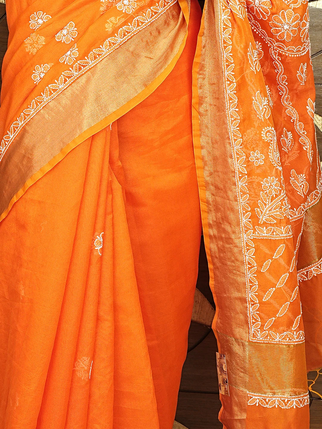 Ada Hand Embroidered Orange Chanderi Lucknowi Chikankari Saree With Blouse 01A924253