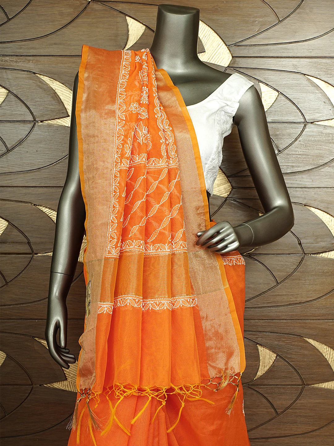 Ada Hand Embroidered Orange Chanderi Lucknowi Chikankari Saree With Blouse 01A924253