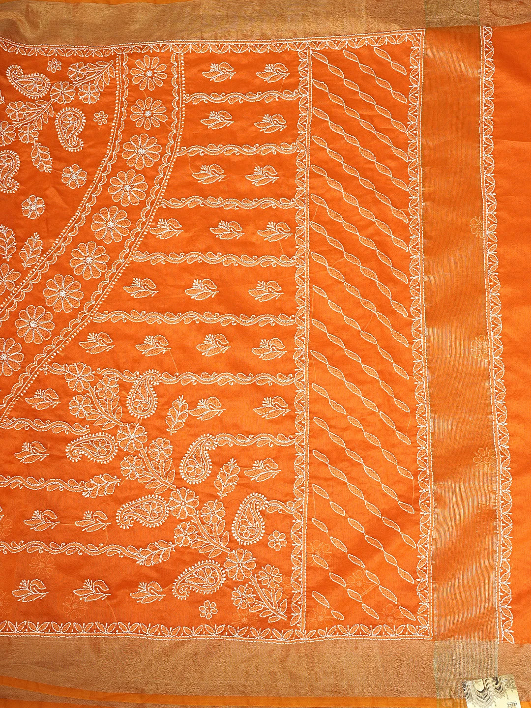 Ada Hand Embroidered Orange Chanderi Lucknowi Chikankari Saree With Blouse 01A924253