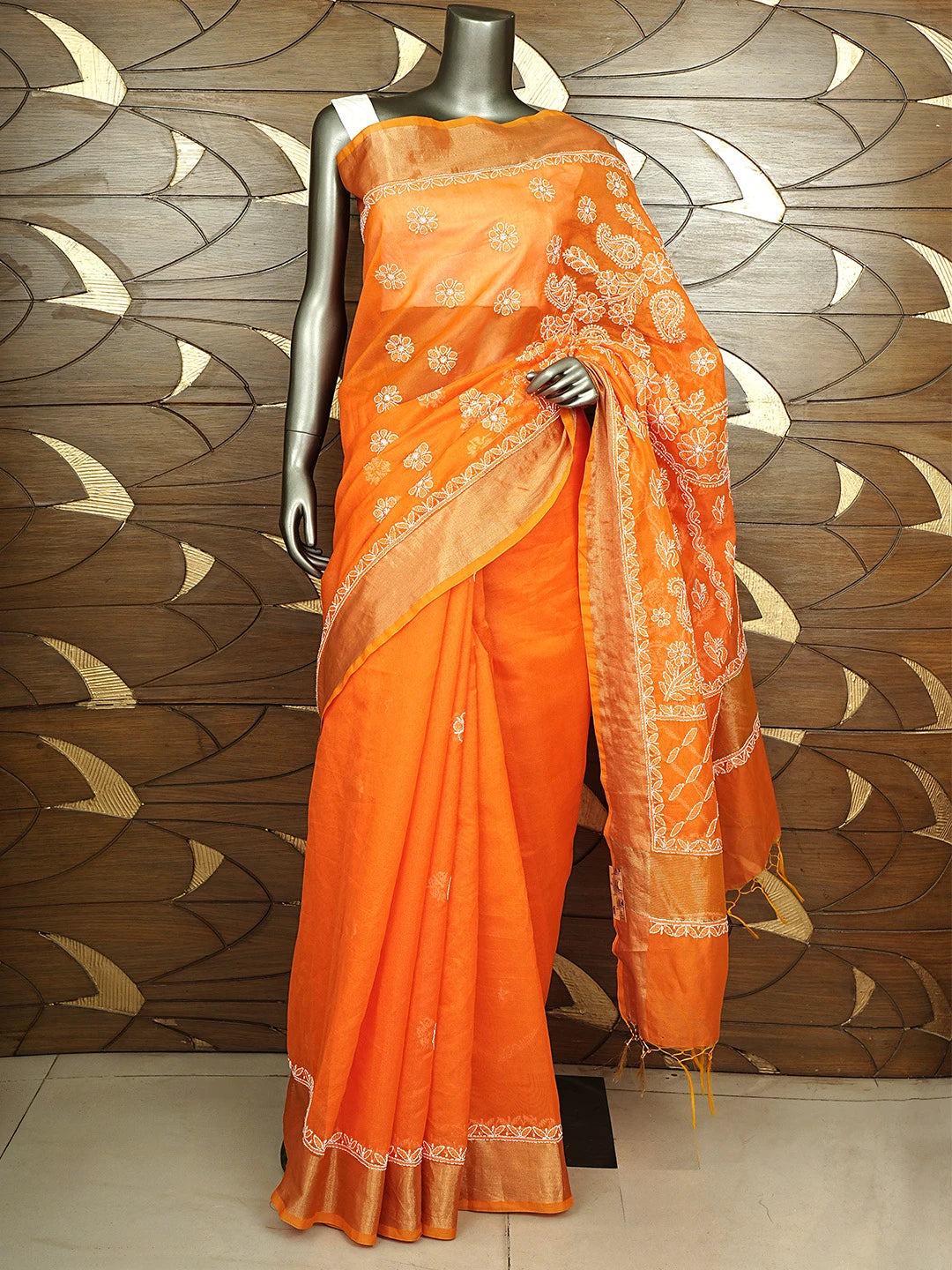 Ada Hand Embroidered Orange Chanderi Lucknowi Chikankari Saree With Blouse 01A924253