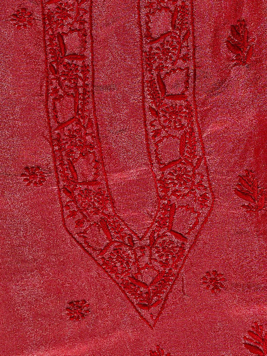 Ada Hand Embroidered Red Tissue Lucknowi Chikankari Unstitched Men's Kurta 01A865096