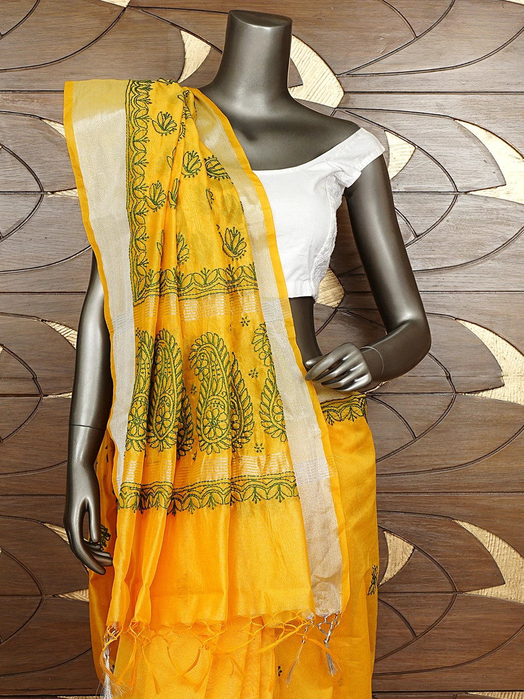 Ada Hand Embroidered Yellow Chanderi Lucknowi Chikankari Saree With Blouse 01A926212