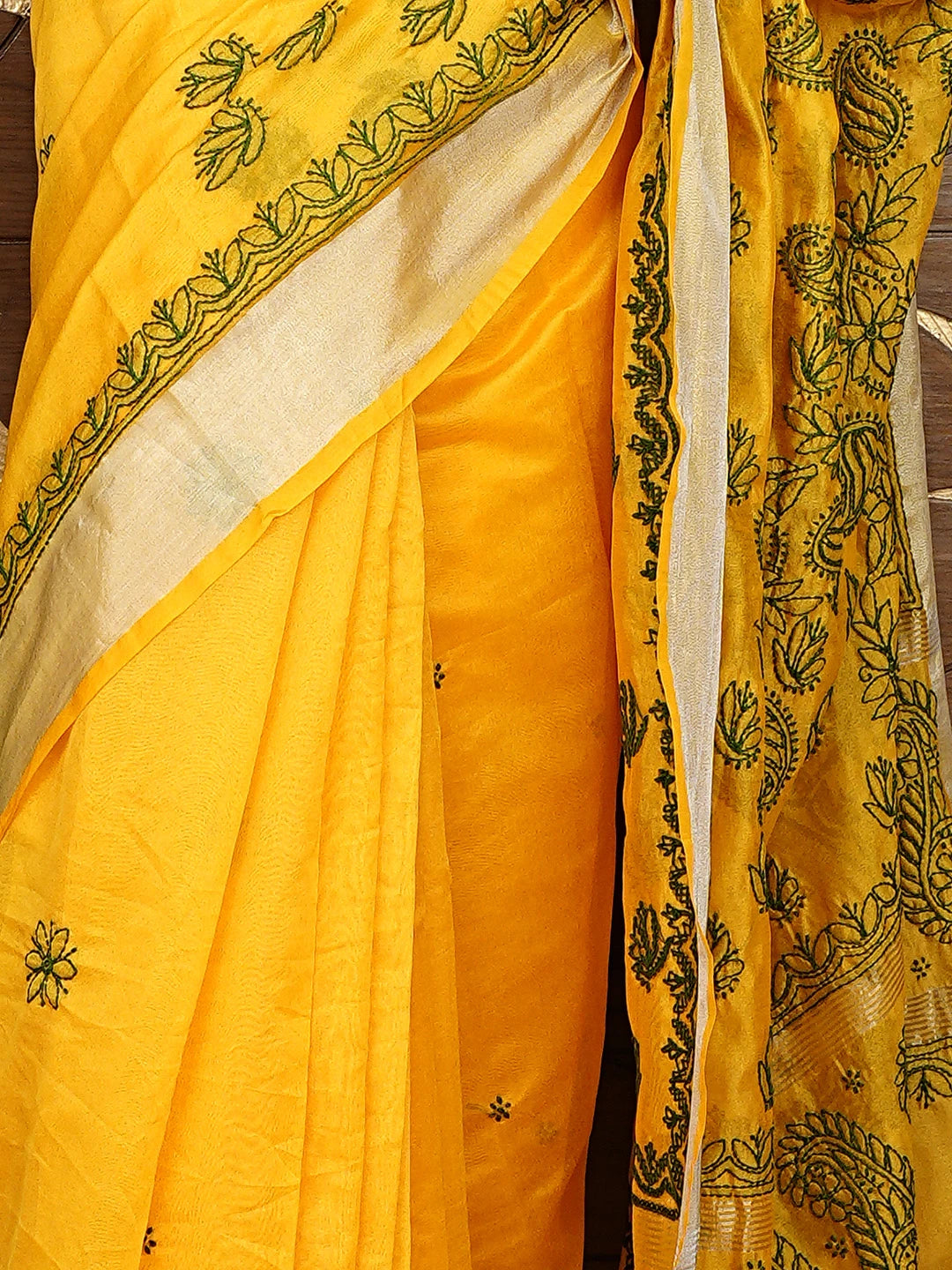 Ada Hand Embroidered Yellow Chanderi Lucknowi Chikankari Saree With Blouse 01A926212