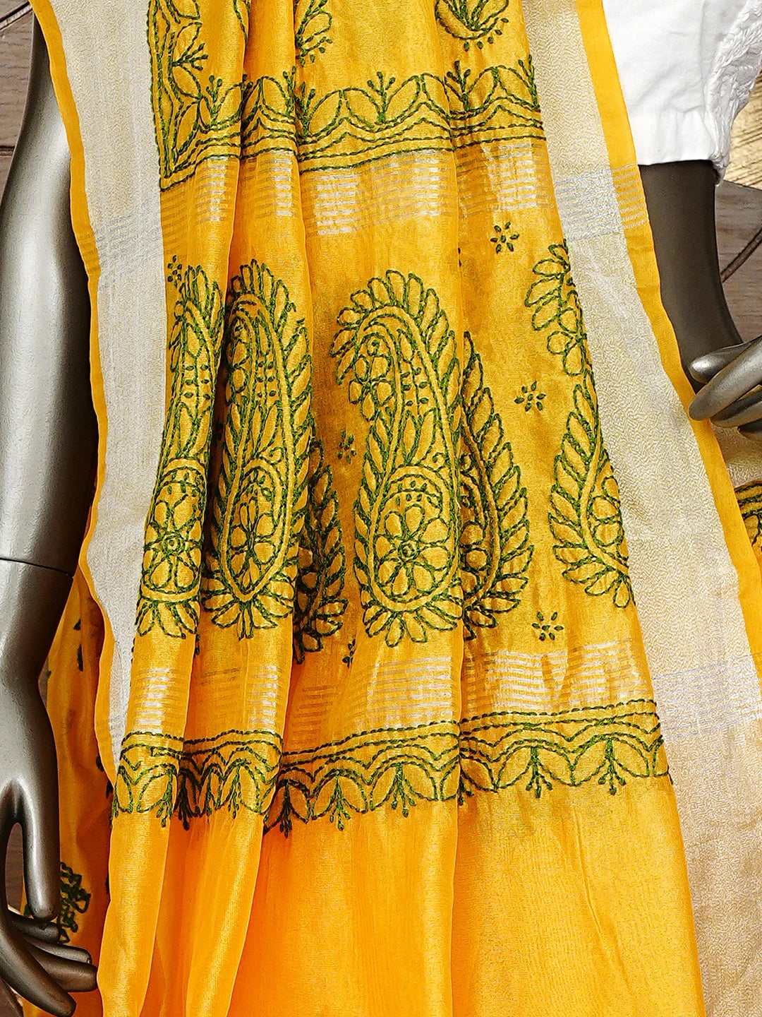 Ada Hand Embroidered Yellow Chanderi Lucknowi Chikankari Saree With Blouse 01A926212
