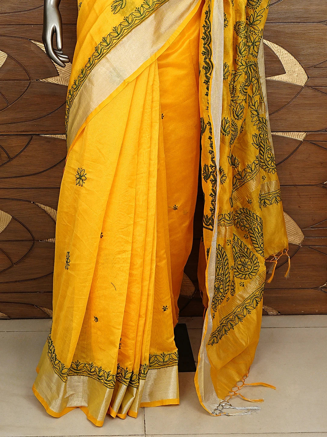 Ada Hand Embroidered Yellow Chanderi Lucknowi Chikankari Saree With Blouse 01A926212