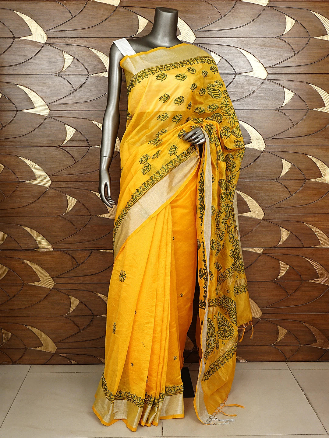 Ada Hand Embroidered Yellow Chanderi Lucknowi Chikankari Saree With Blouse 01A926212