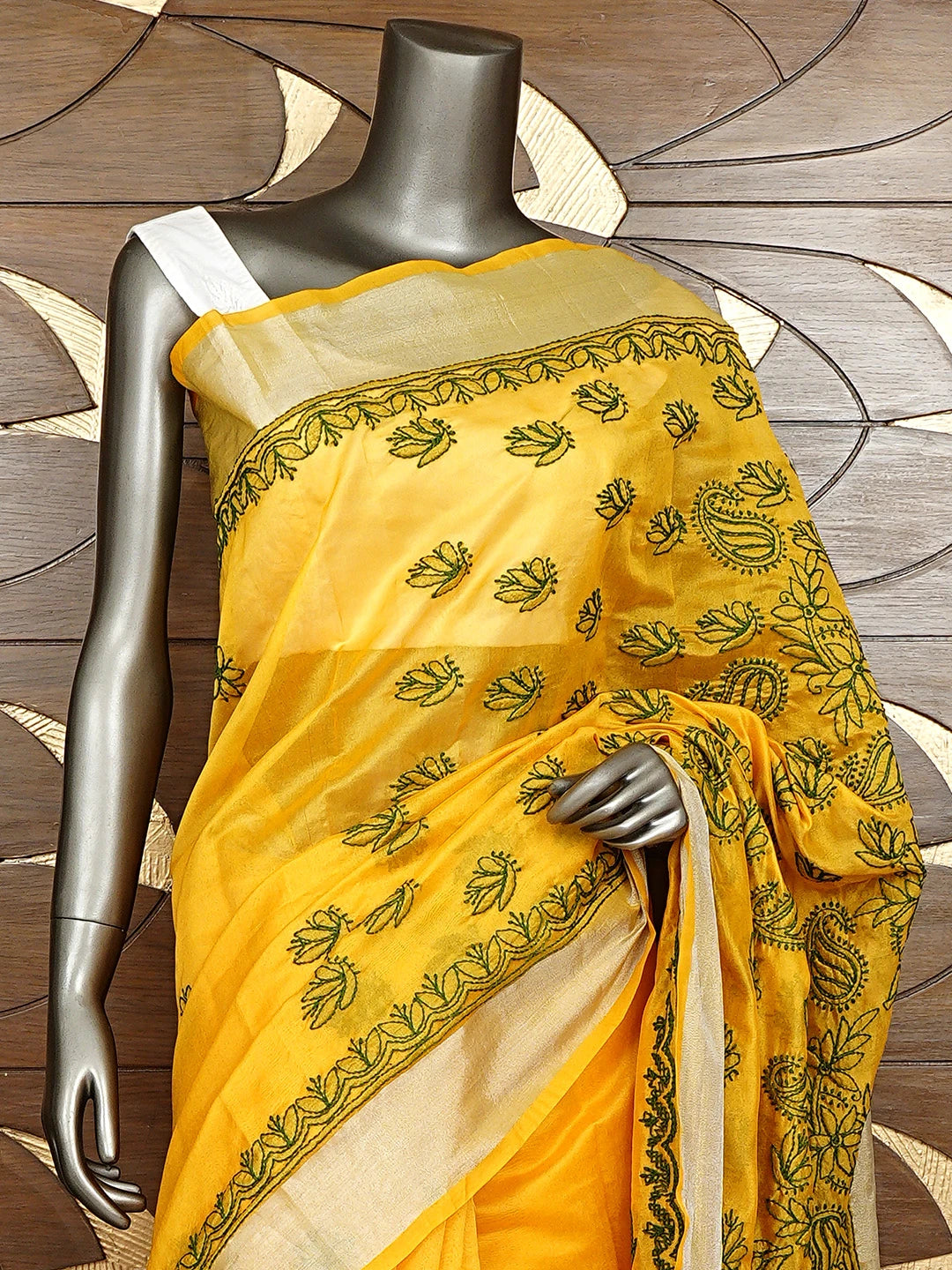 Ada Hand Embroidered Yellow Chanderi Lucknowi Chikankari Saree With Blouse 01A926212