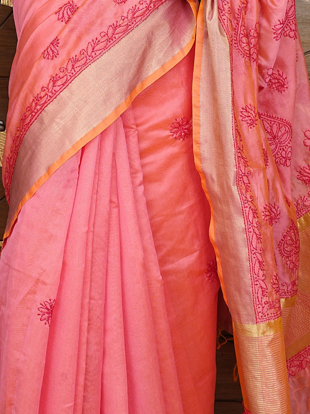 Ada Hand Embroidered Carrot Pink Chanderi Lucknowi Chikankari Saree With Blouse 01A926208