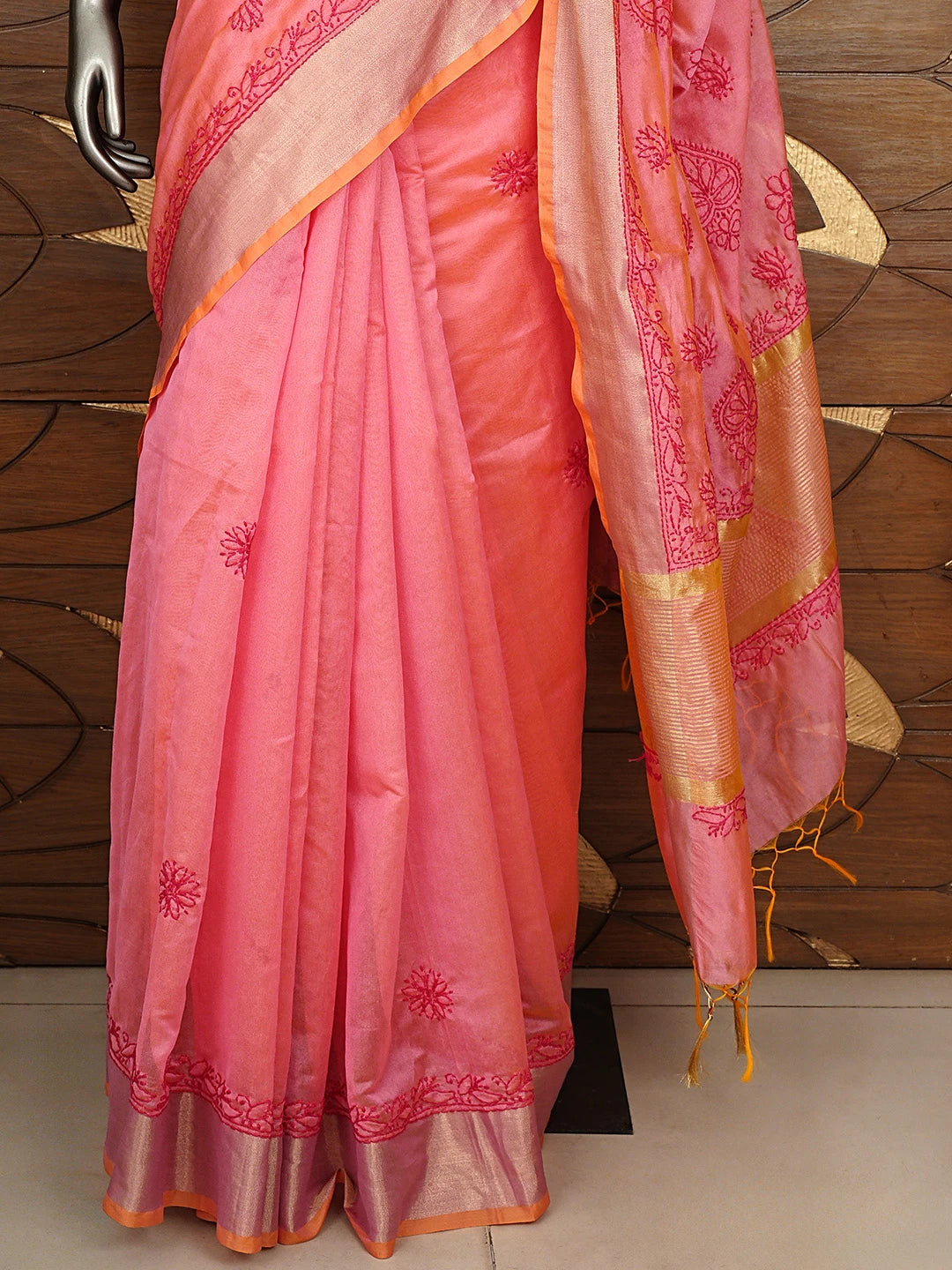 Ada Hand Embroidered Carrot Pink Chanderi Lucknowi Chikankari Saree With Blouse 01A926208