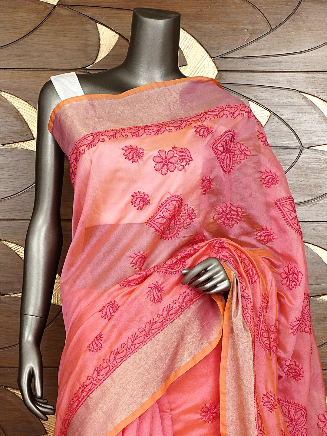 Ada Hand Embroidered Carrot Pink Chanderi Lucknowi Chikankari Saree With Blouse 01A926208