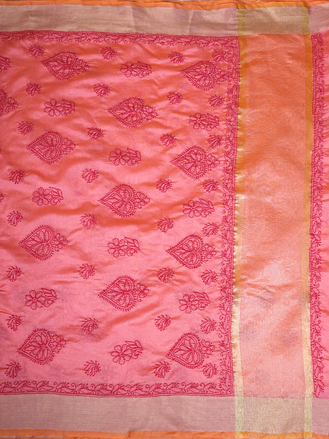 Ada Hand Embroidered Carrot Pink Chanderi Lucknowi Chikankari Saree With Blouse 01A926208