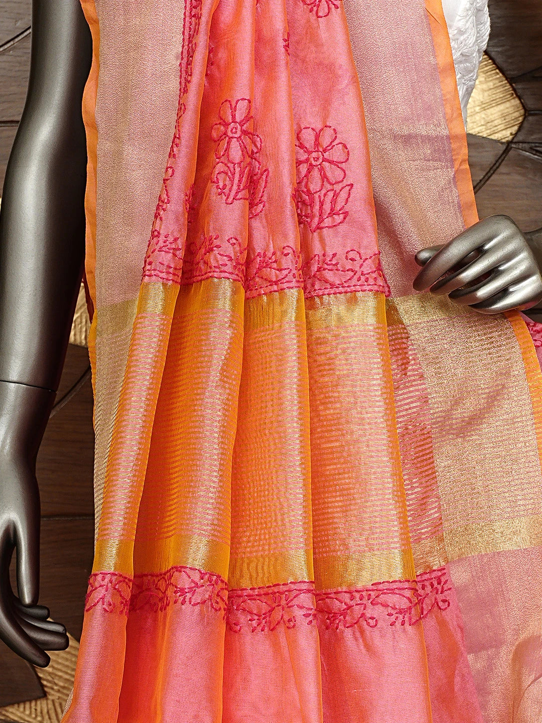 Ada Hand Embroidered Carrot Pink Chanderi Lucknowi Chikankari Saree With Blouse 01A926208