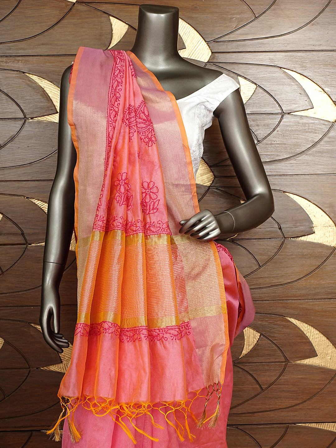 Ada Hand Embroidered Carrot Pink Chanderi Lucknowi Chikankari Saree With Blouse 01A926208