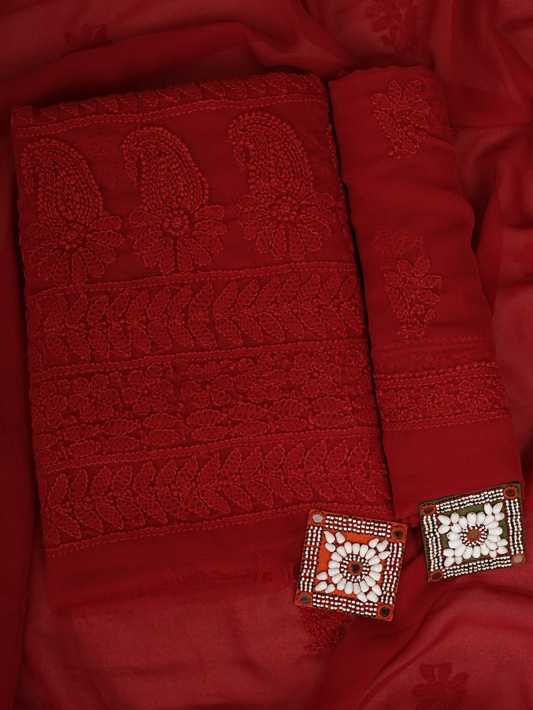 Ada Hand Embroidered Maroon Georgette Lucknowi Chikankari Unstitched Suit Piece 01A934517