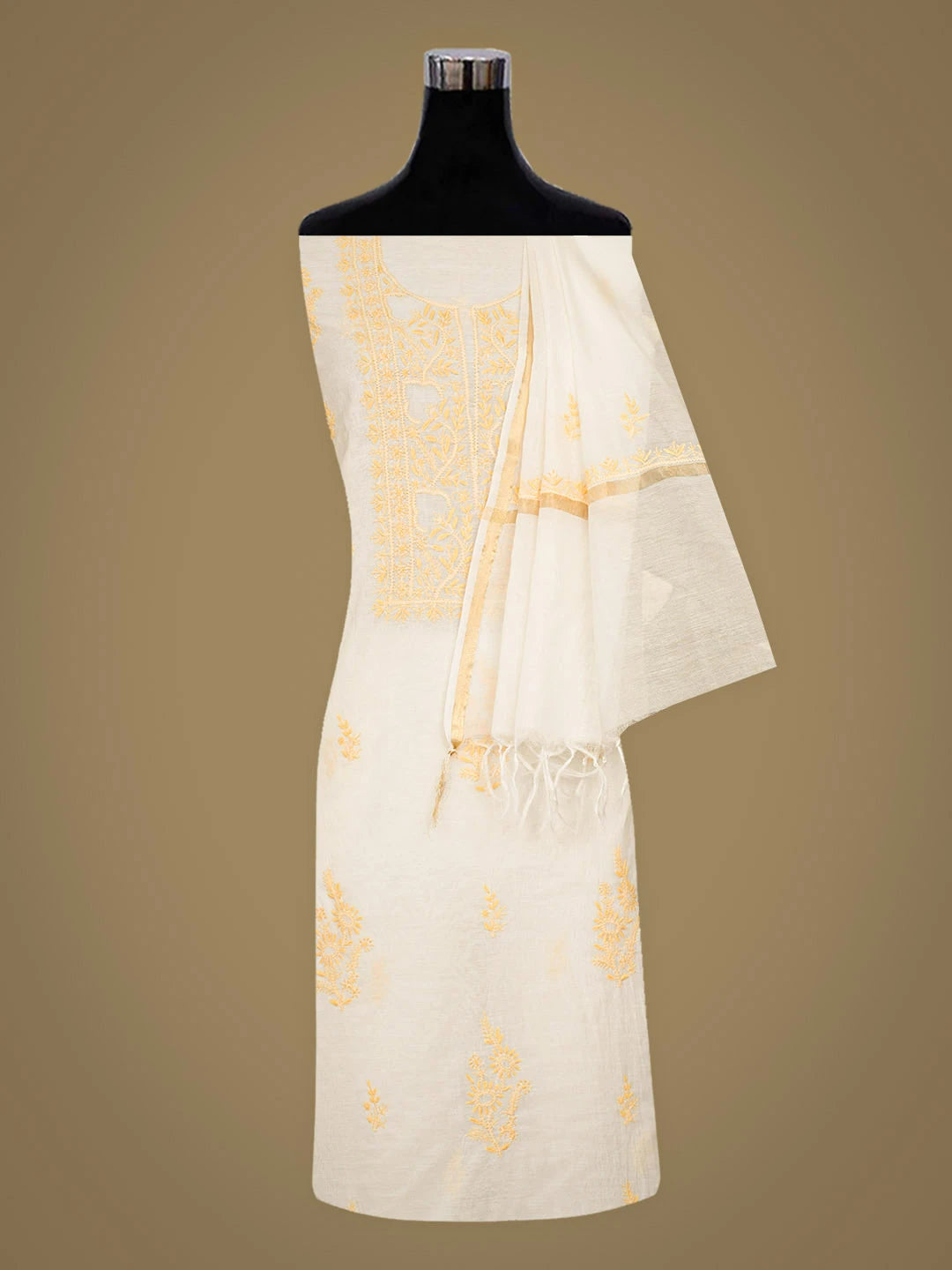 Ada Hand Embroidered White Chanderi Lucknowi Chikankari Unstitched Kurta Dupatta Set 01A936387