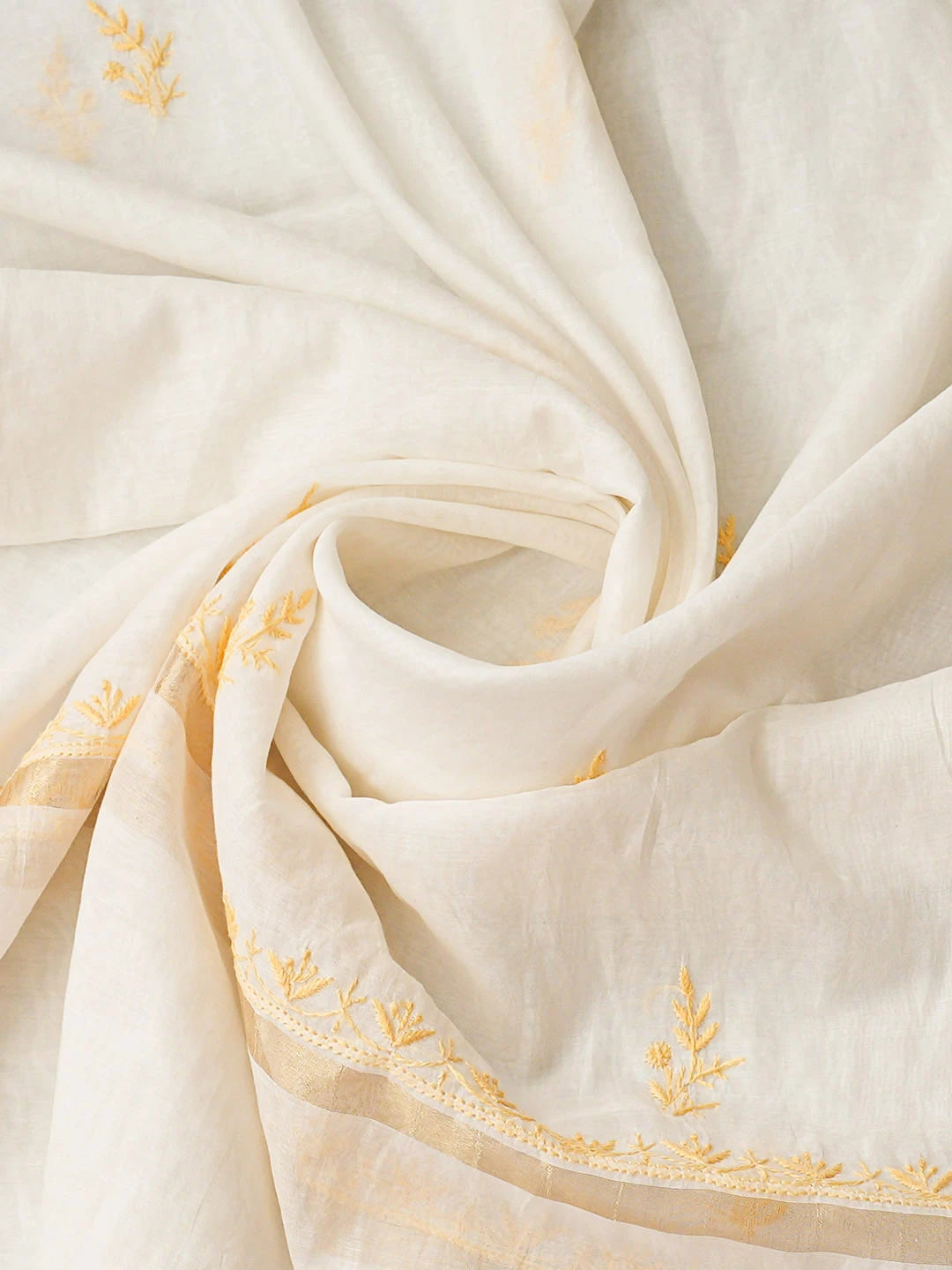 Ada Hand Embroidered White Chanderi Lucknowi Chikankari Unstitched Kurta Dupatta Set 01A936387