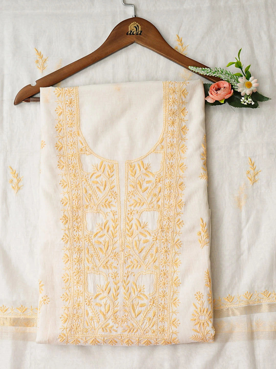 Ada Hand Embroidered White Chanderi Lucknowi Chikankari Unstitched Kurta Dupatta Set 01A936387