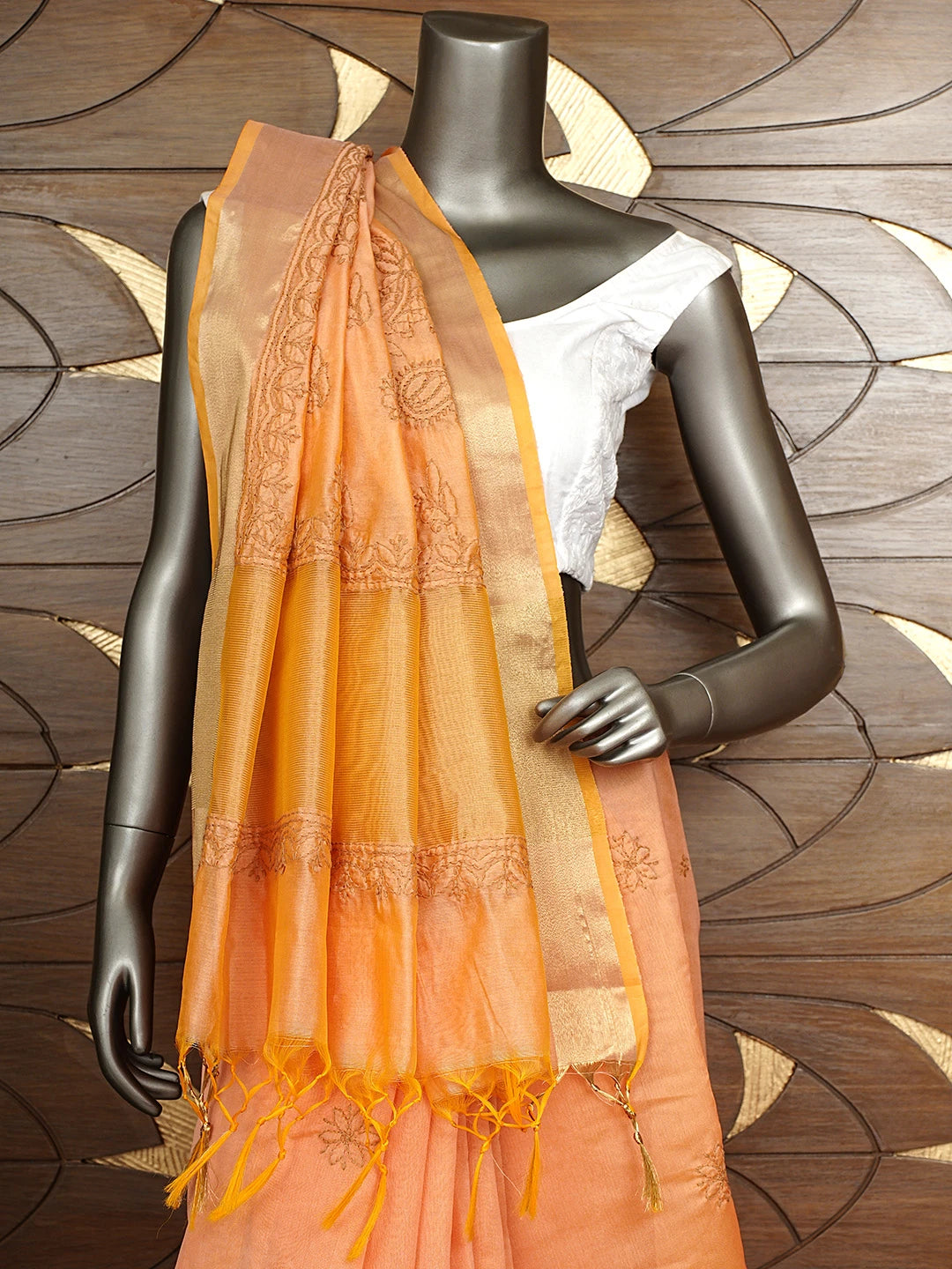 Ada Hand Embroidered Dark Peach Chanderi Lucknowi Chikankari Saree With Blouse 01A926214