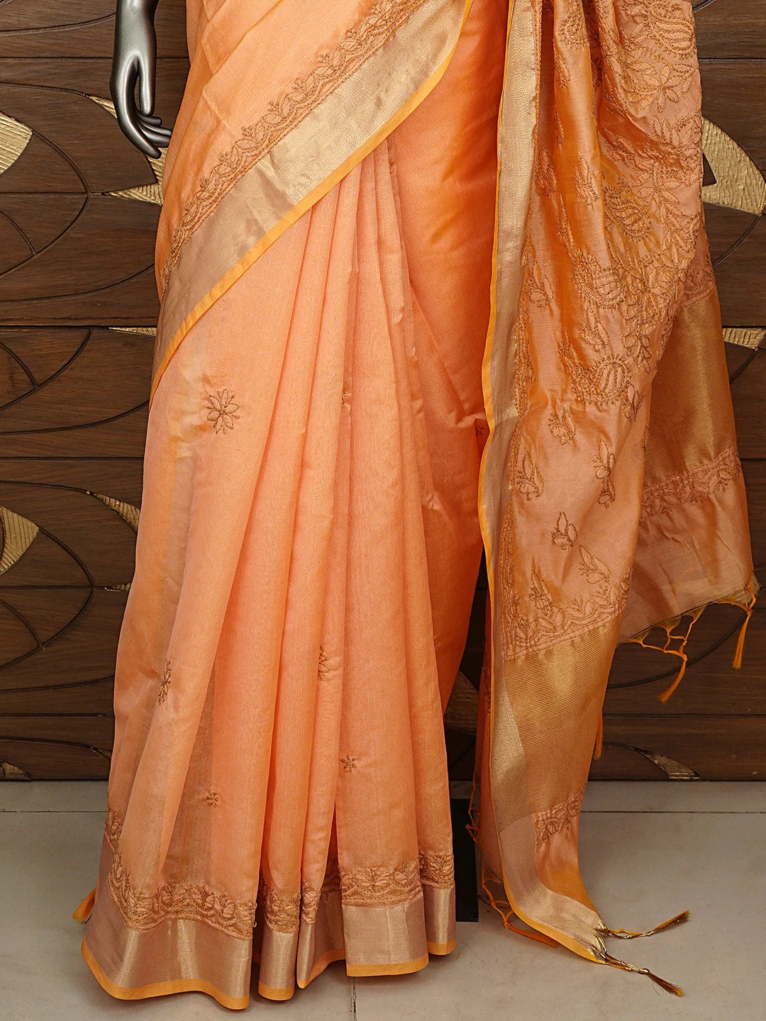Ada Hand Embroidered Dark Peach Chanderi Lucknowi Chikankari Saree With Blouse 01A926214