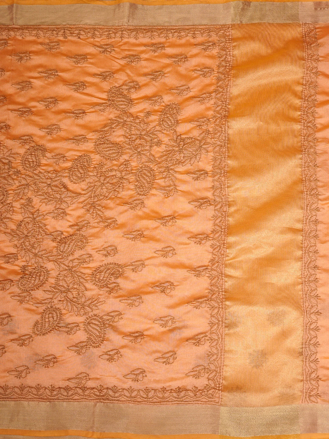 Ada Hand Embroidered Dark Peach Chanderi Lucknowi Chikankari Saree With Blouse 01A926214