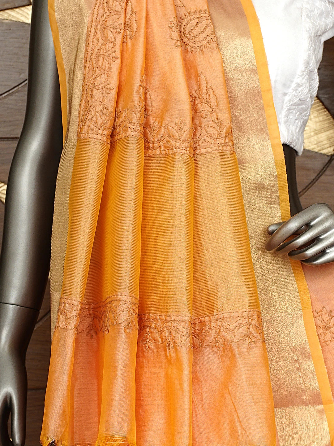Ada Hand Embroidered Dark Peach Chanderi Lucknowi Chikankari Saree With Blouse 01A926214