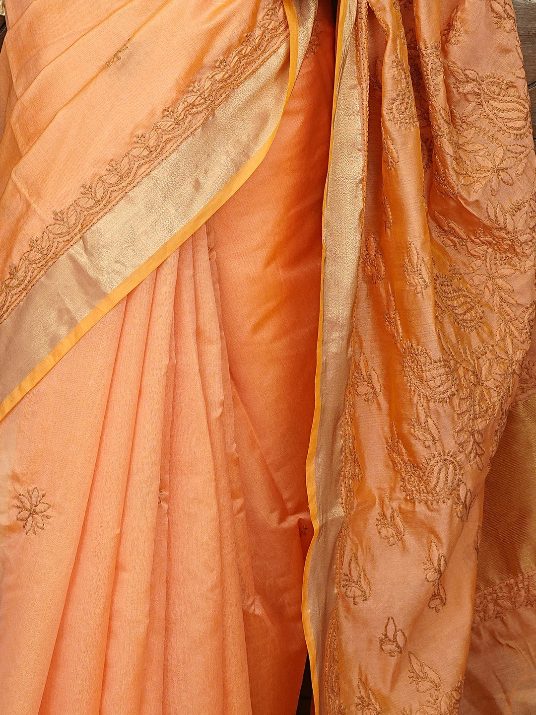 Ada Hand Embroidered Dark Peach Chanderi Lucknowi Chikankari Saree With Blouse 01A926214
