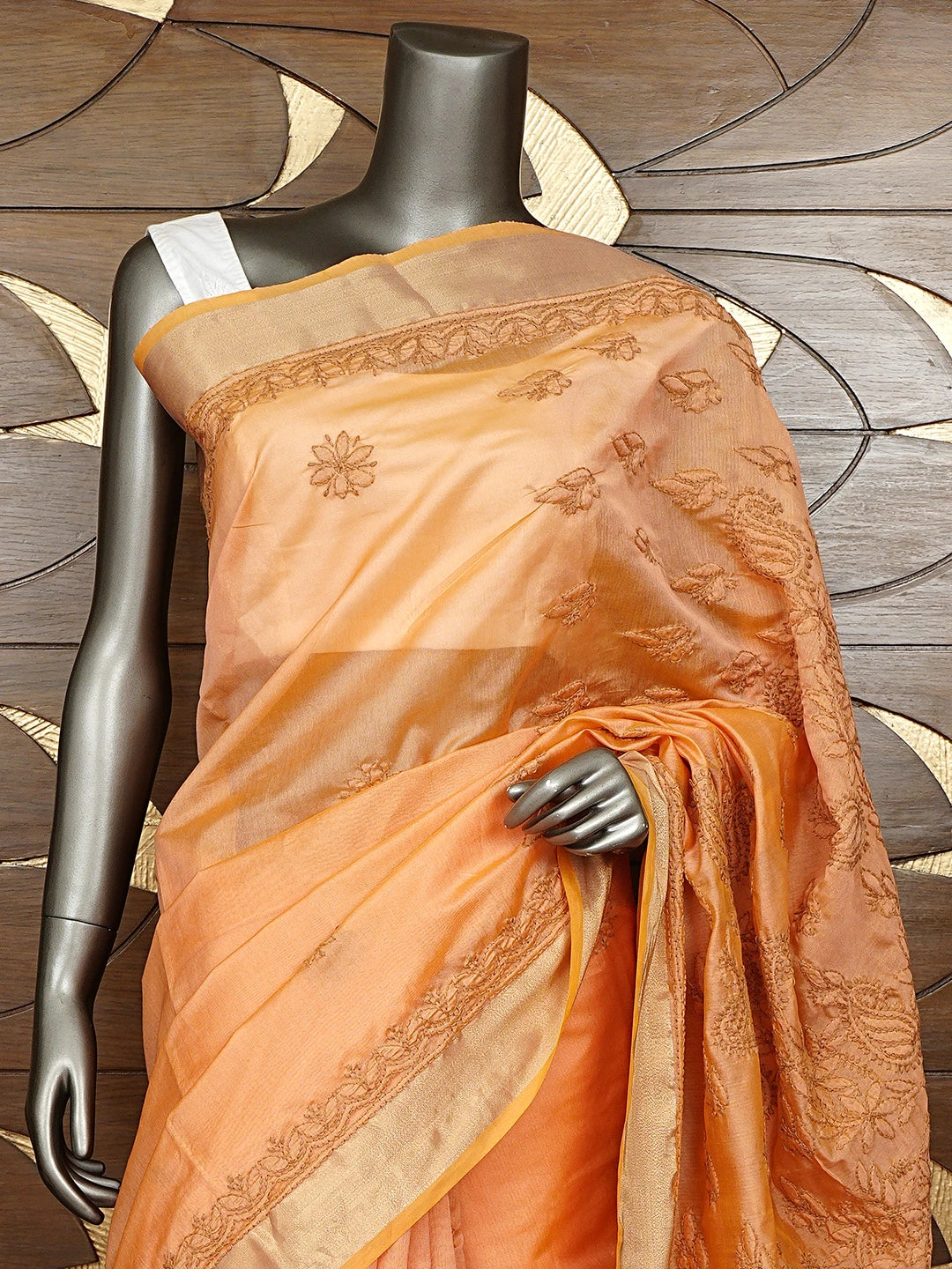 Ada Hand Embroidered Dark Peach Chanderi Lucknowi Chikankari Saree With Blouse 01A926214