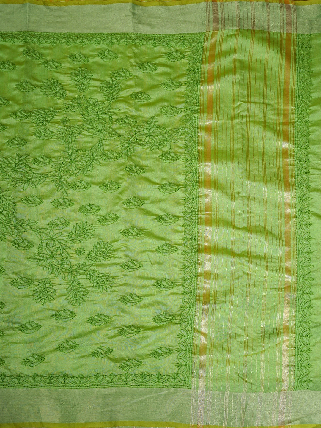 Ada Hand Embroidered Parrot Green Chanderi Lucknowi Chikankari Saree With Blouse 01A926194