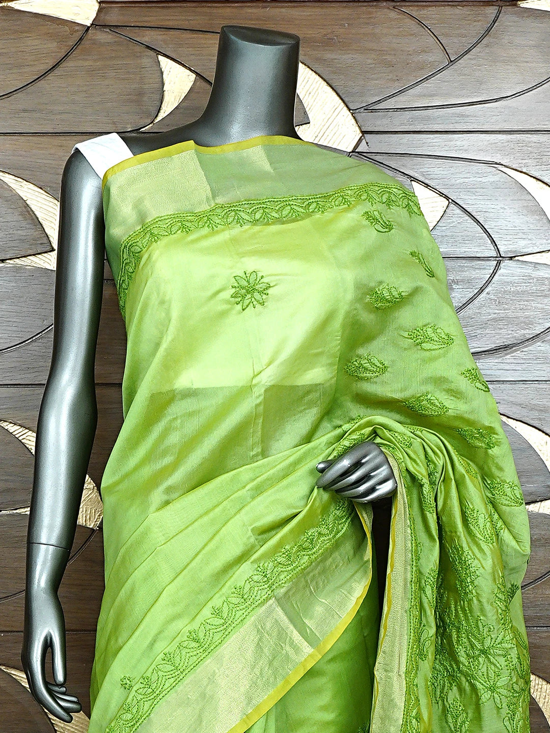Ada Hand Embroidered Parrot Green Chanderi Lucknowi Chikankari Saree With Blouse 01A926194