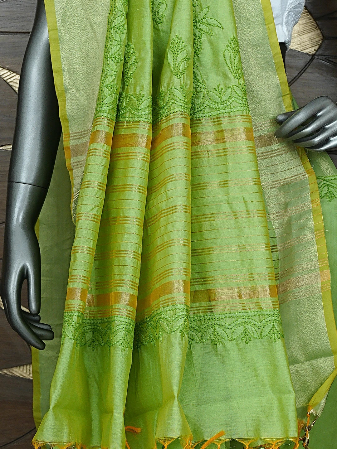 Ada Hand Embroidered Parrot Green Chanderi Lucknowi Chikankari Saree With Blouse 01A926194