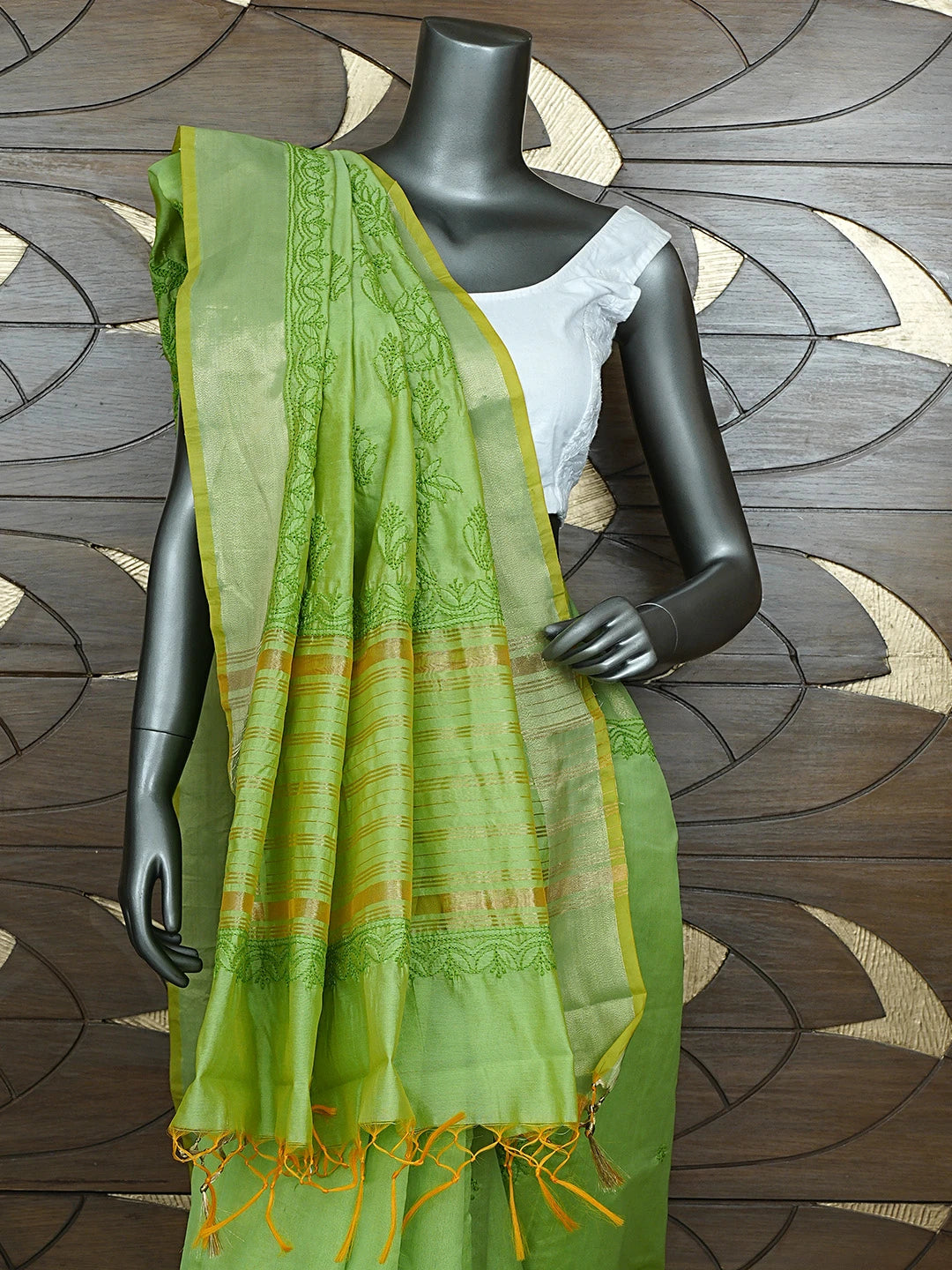 Ada Hand Embroidered Parrot Green Chanderi Lucknowi Chikankari Saree With Blouse 01A926194