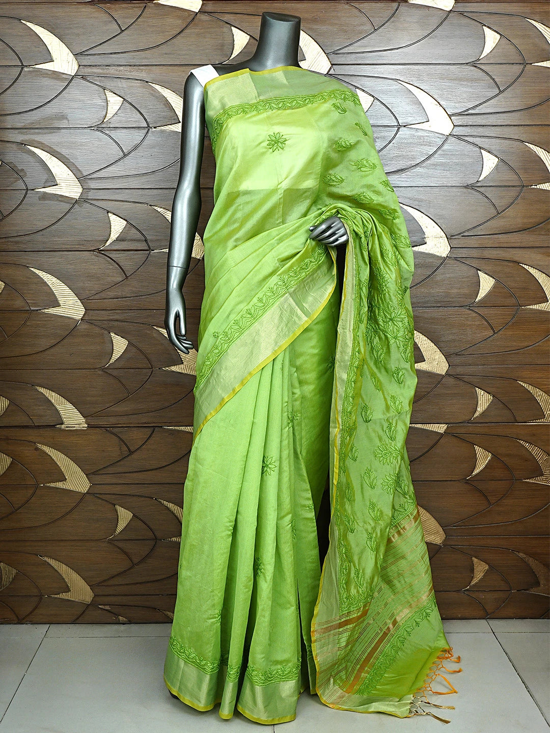 Ada Hand Embroidered Parrot Green Chanderi Lucknowi Chikankari Saree With Blouse 01A926194