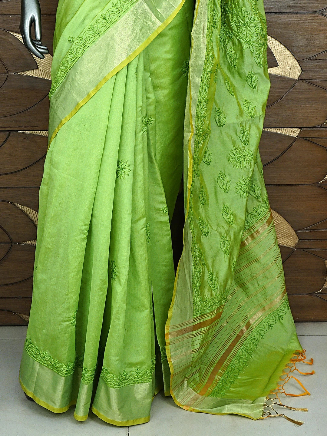 Ada Hand Embroidered Parrot Green Chanderi Lucknowi Chikankari Saree With Blouse 01A926194