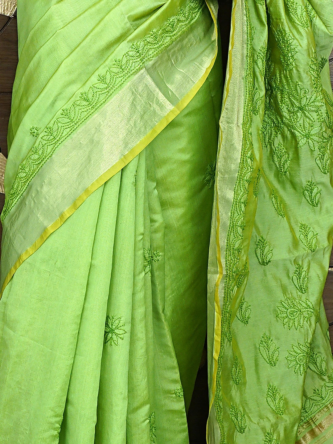 Ada Hand Embroidered Parrot Green Chanderi Lucknowi Chikankari Saree With Blouse 01A926194