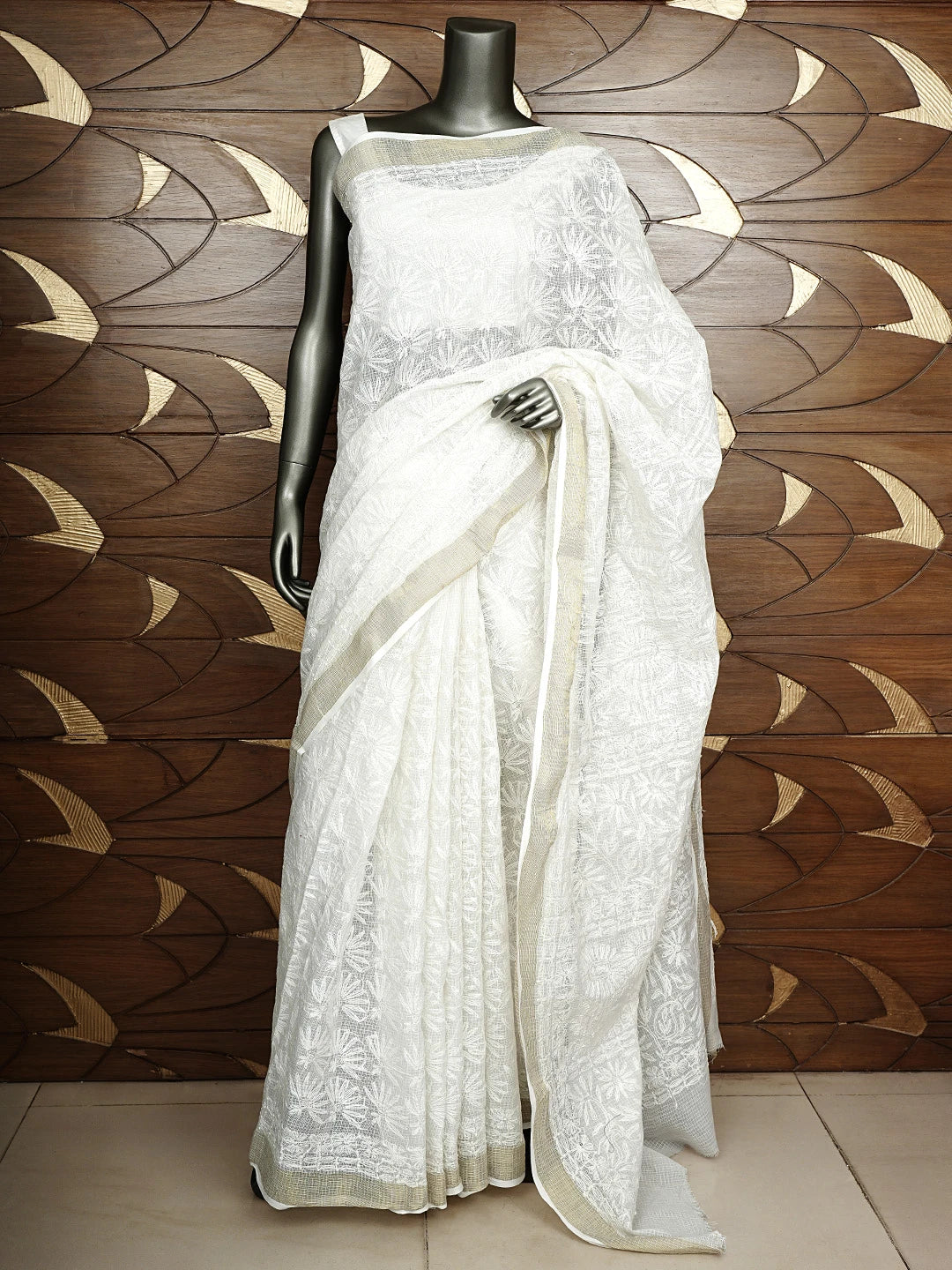 Ada Hand Embroidered White Kota Lucknowi Chikankari Saree and Blouse 01A820367