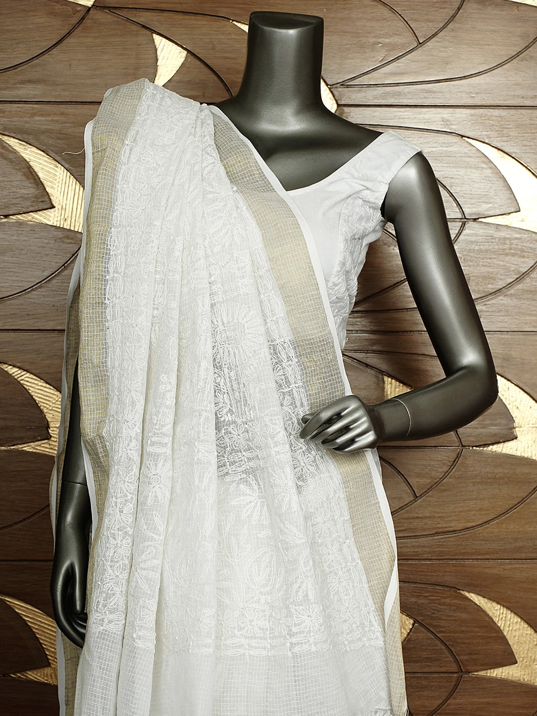 Ada Hand Embroidered White Kota Lucknowi Chikankari Saree and Blouse 01A820367