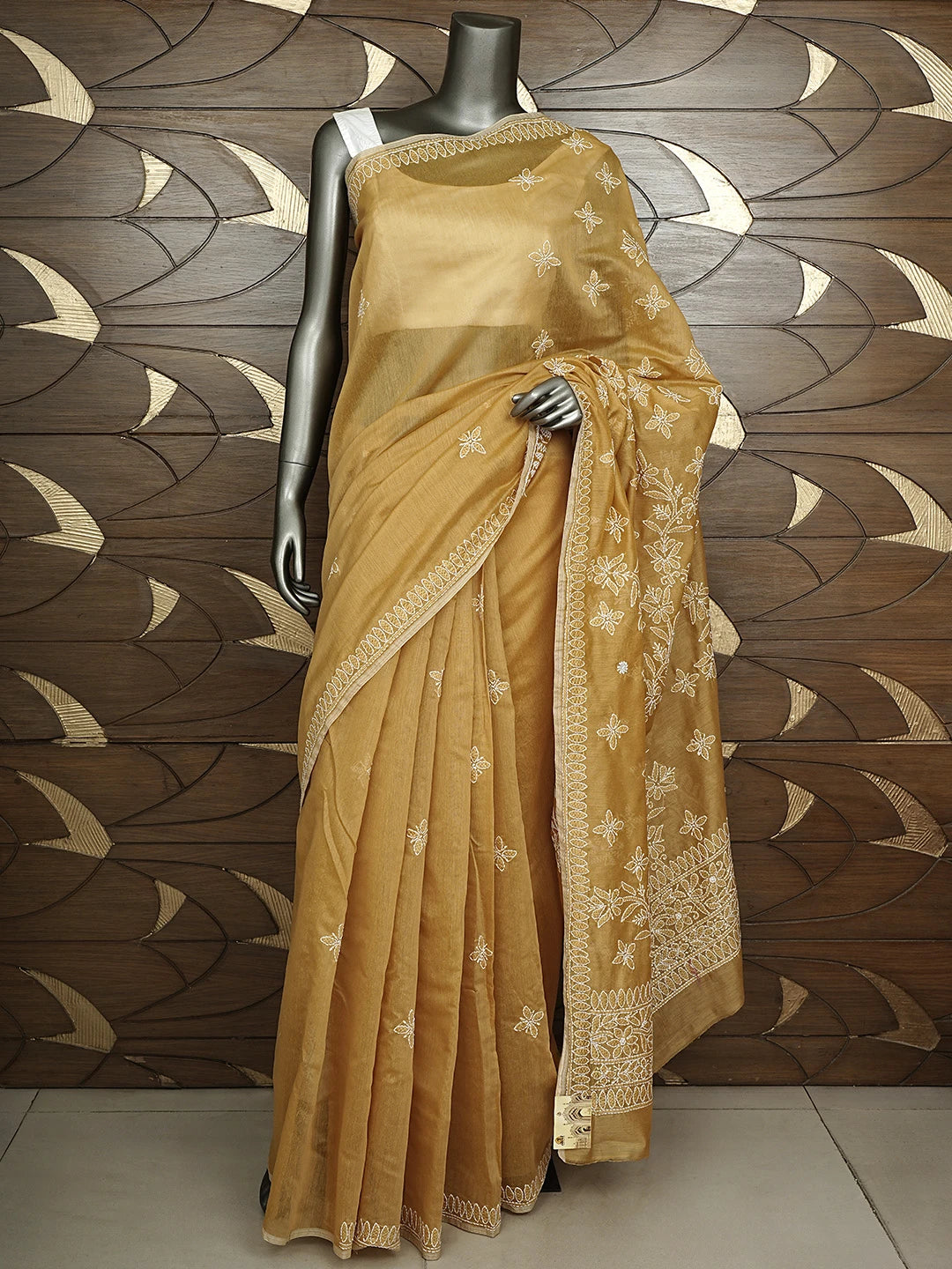 Ada Hand Embroidered Fawn Chanderi Lucknowi Chikankari Saree and Blouse 01A922902